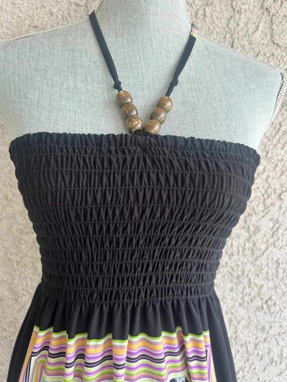 Y2K Black Halter Tube Dress Smocked Bodice Beads Medium